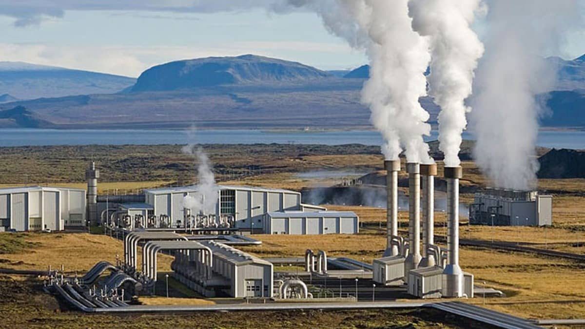 Geothermal steam plant with cooling towers in the Kenyan highlands